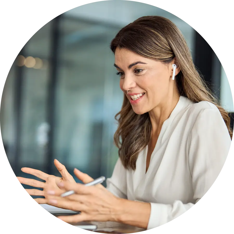 Happy professional mature female manager having online job interview Happy professional mature female manager having online job interview